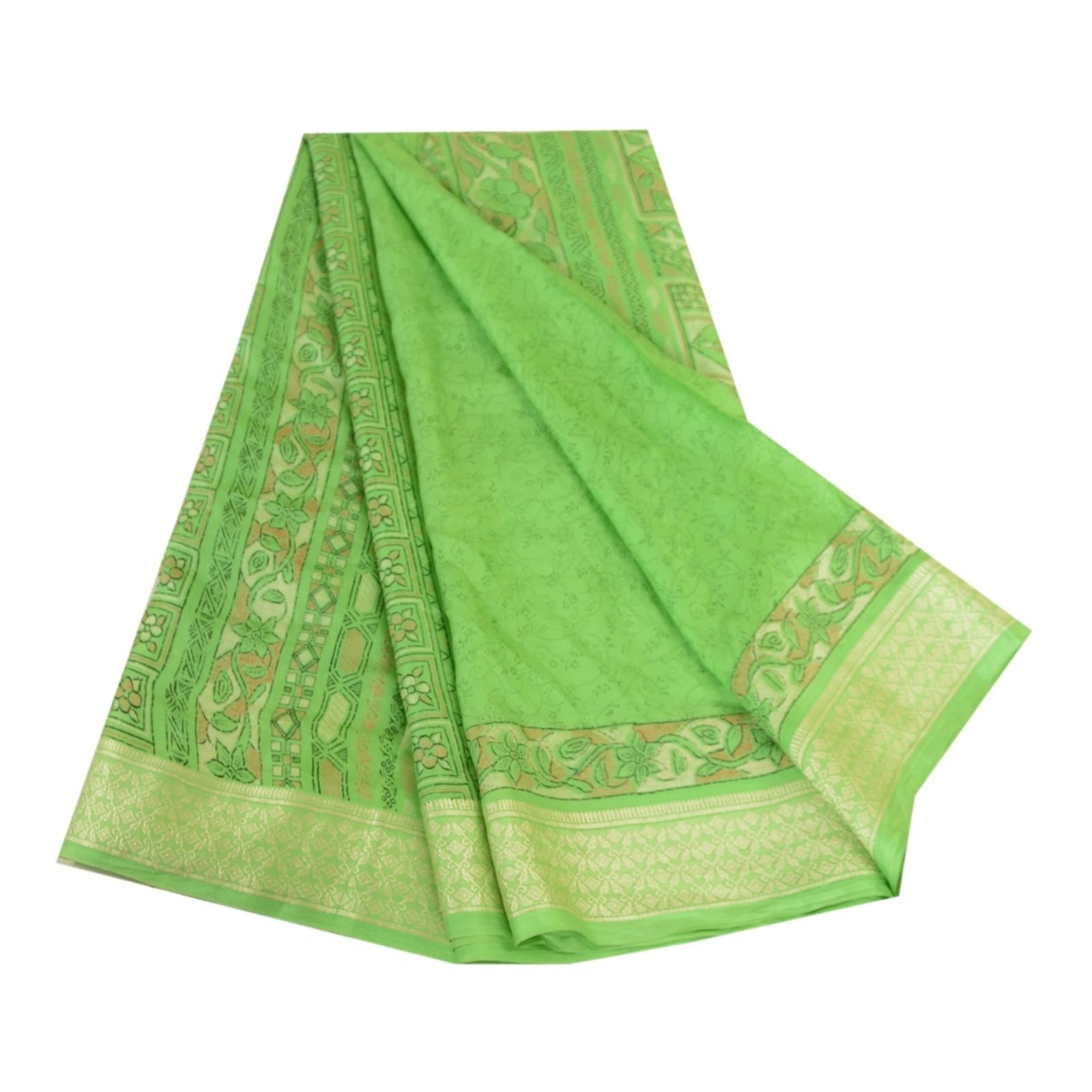 Sanskriti Vintage Sarees Green Printed Pure Silk Sari 5Yd Floral Craft Fabric, PR-63681-Green-Pure Silk-6