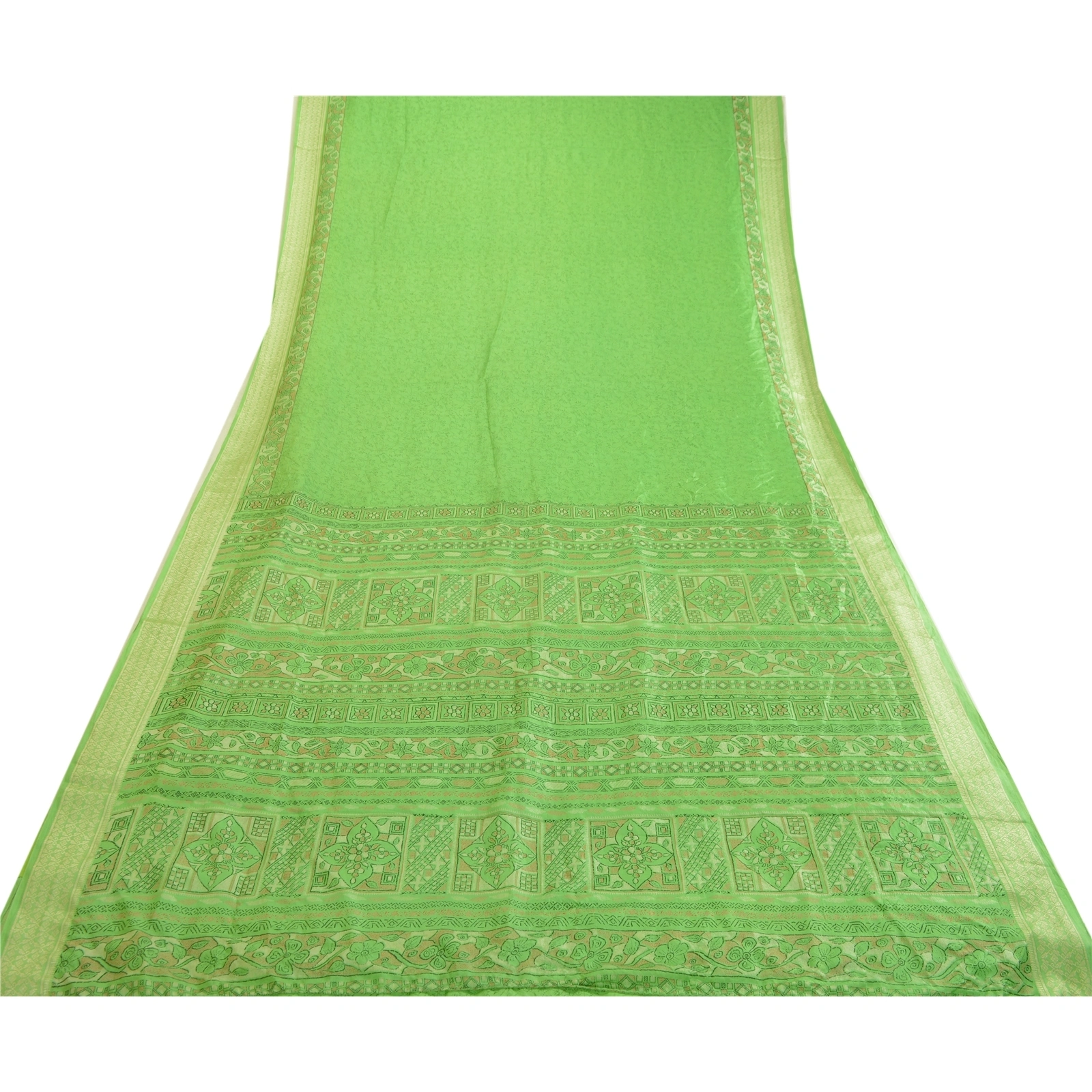 Sanskriti Vintage Sarees Green Printed Pure Silk Sari 5Yd Floral Craft Fabric, PR-63681-Green-Pure Silk-7