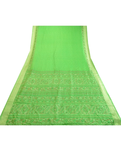 Sanskriti Vintage Sarees Green Printed Pure Silk Sari 5Yd Floral Craft Fabric, PR-63681-Green-Pure Silk-7