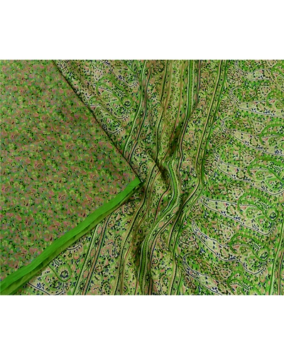 Sanskriti Vintage Sarees Green Indian Printed Pure Silk Sari Soft Craft Fabric, PR-63685-Green-Pure Silk-1