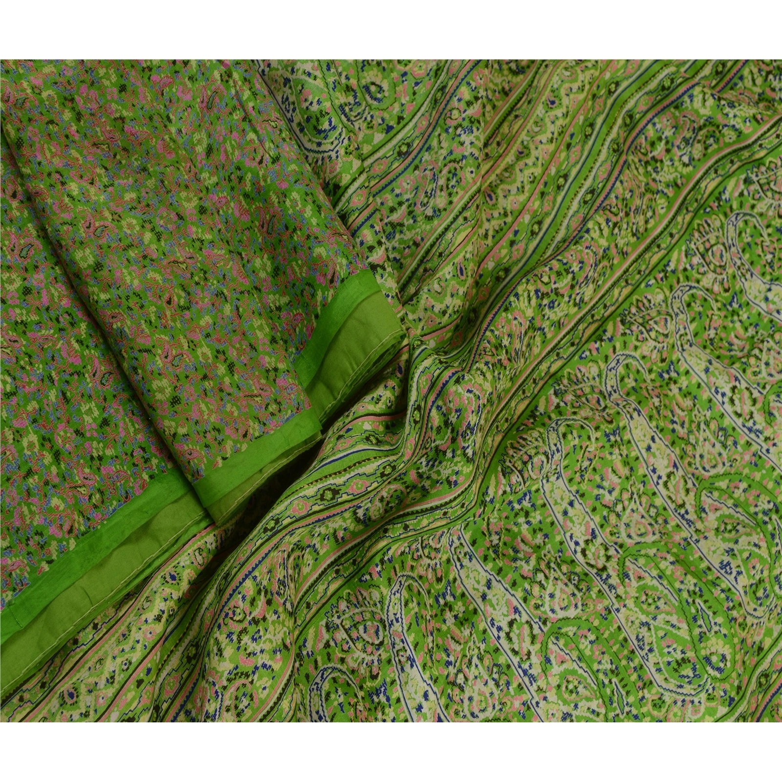 Sanskriti Vintage Sarees Green Indian Printed Pure Silk Sari Soft Craft Fabric, PR-63685-Green-Pure Silk-2