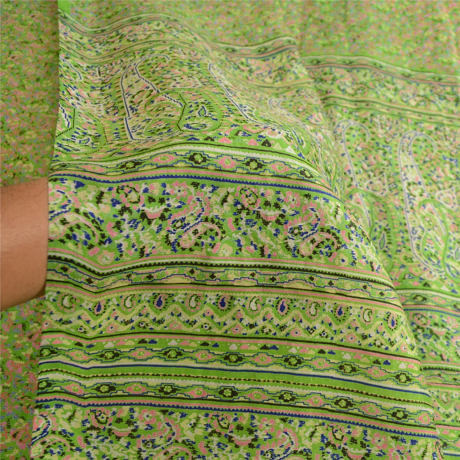 Sanskriti Vintage Sarees Green Indian Printed Pure Silk Sari Soft Craft Fabric, PR-63685-Green-Pure Silk-5