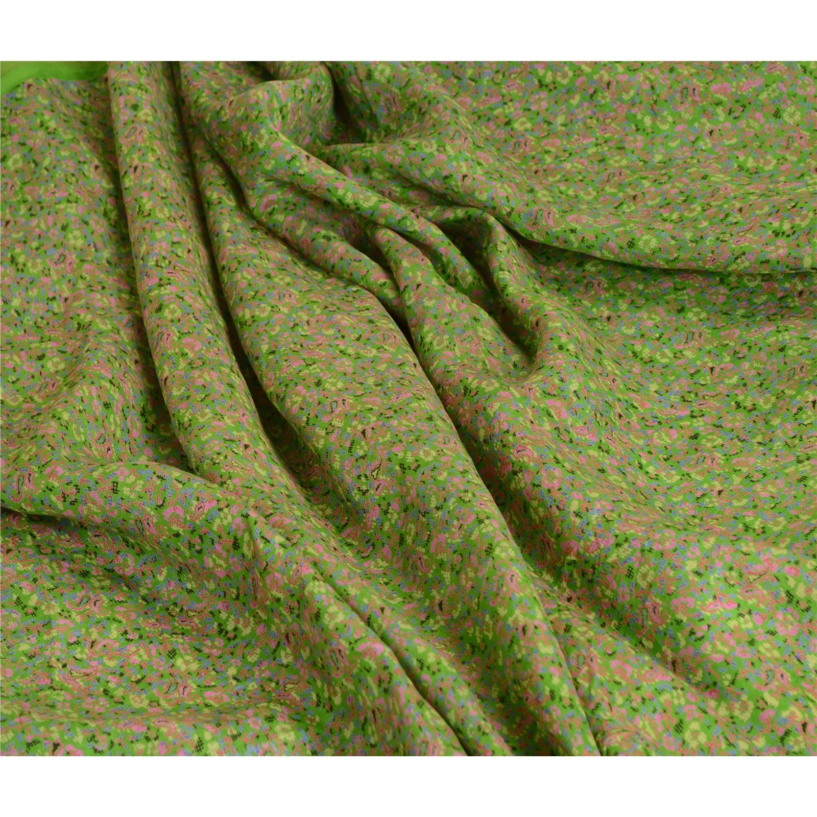 Sanskriti Vintage Sarees Green Indian Printed Pure Silk Sari Soft Craft Fabric, PR-63685-Green-Pure Silk-6