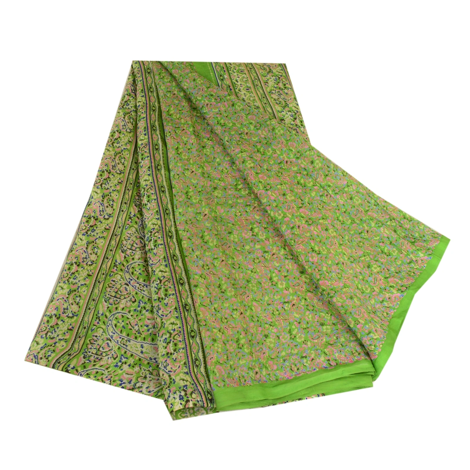 Sanskriti Vintage Sarees Green Indian Printed Pure Silk Sari Soft Craft Fabric, PR-63685-Green-Pure Silk-7