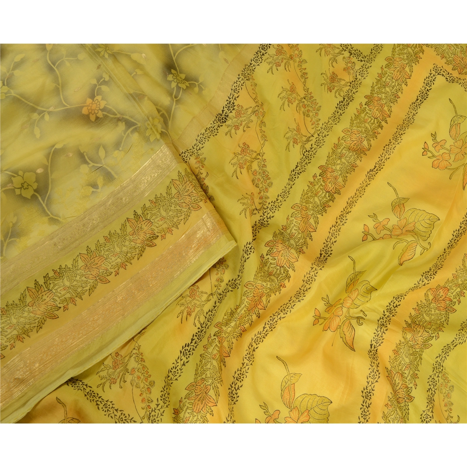 Sanskriti Vintage Sarees Yellow Zari Border Printed Pure Silk Sari Craft Fabric, PR-63686-Yellow-Pure Silk-1