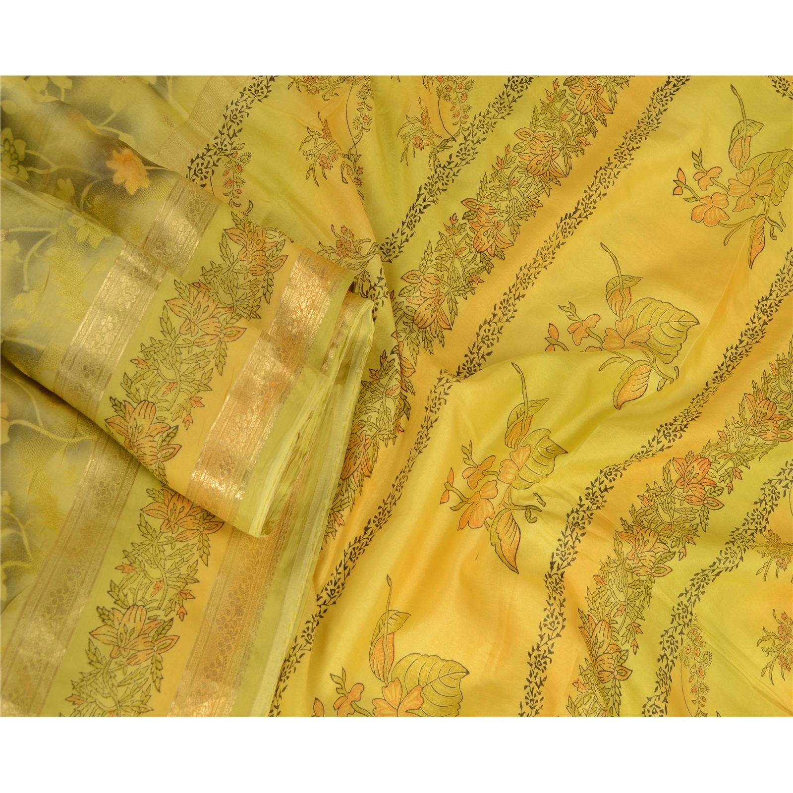 Sanskriti Vintage Sarees Yellow Zari Border Printed Pure Silk Sari Craft Fabric, PR-63686-Yellow-Pure Silk-2