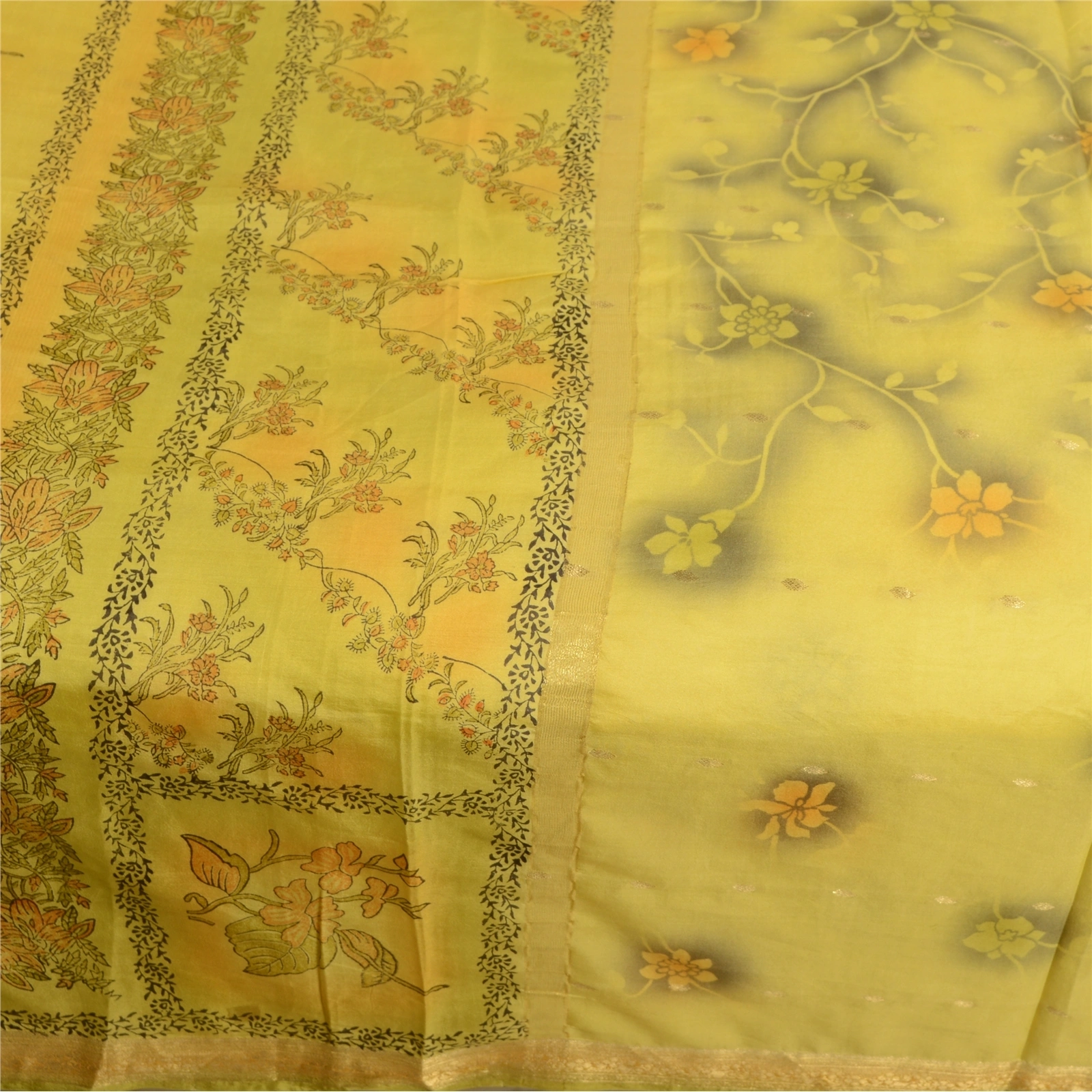 Sanskriti Vintage Sarees Yellow Zari Border Printed Pure Silk Sari Craft Fabric, PR-63686-Yellow-Pure Silk-3