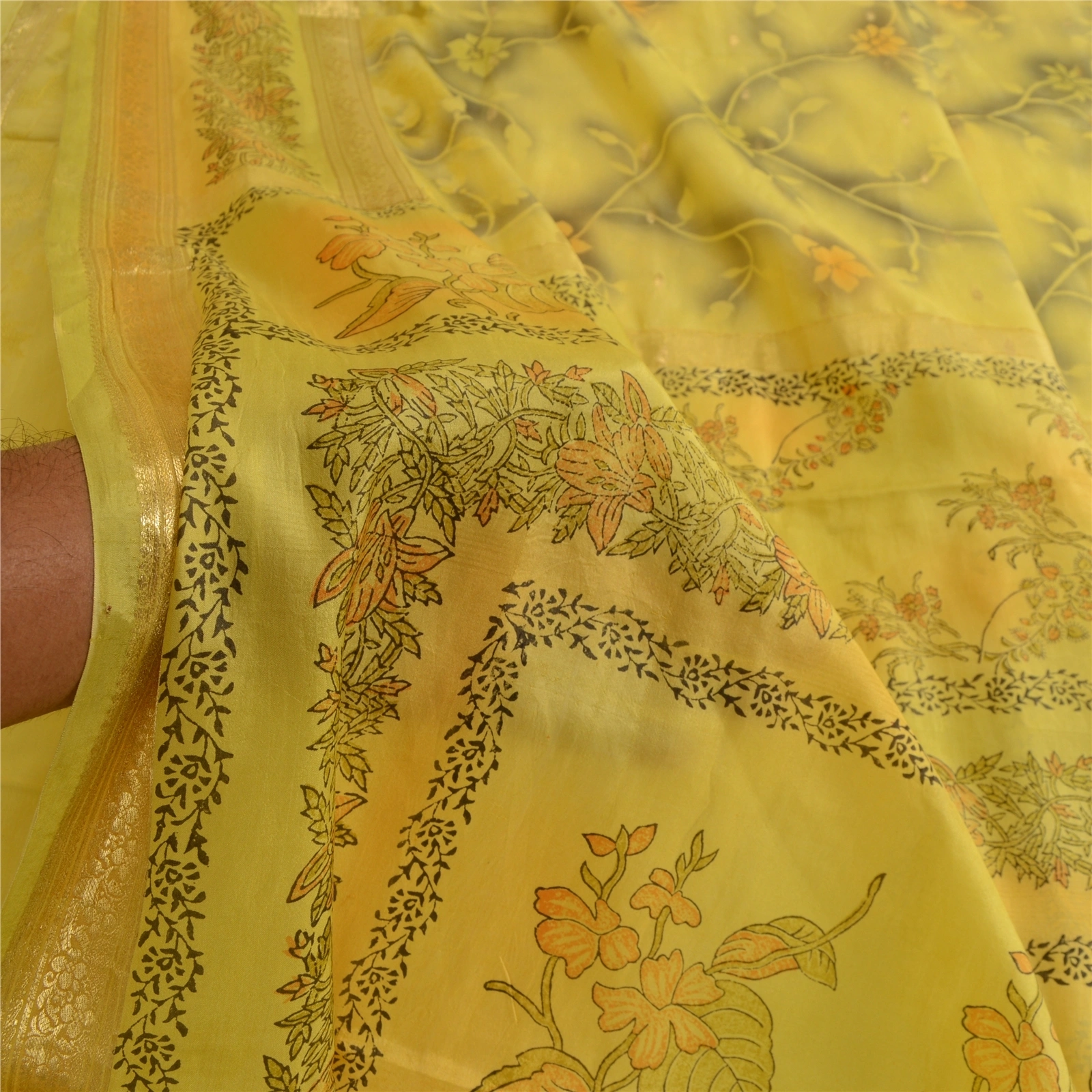 Sanskriti Vintage Sarees Yellow Zari Border Printed Pure Silk Sari Craft Fabric, PR-63686-Yellow-Pure Silk-5