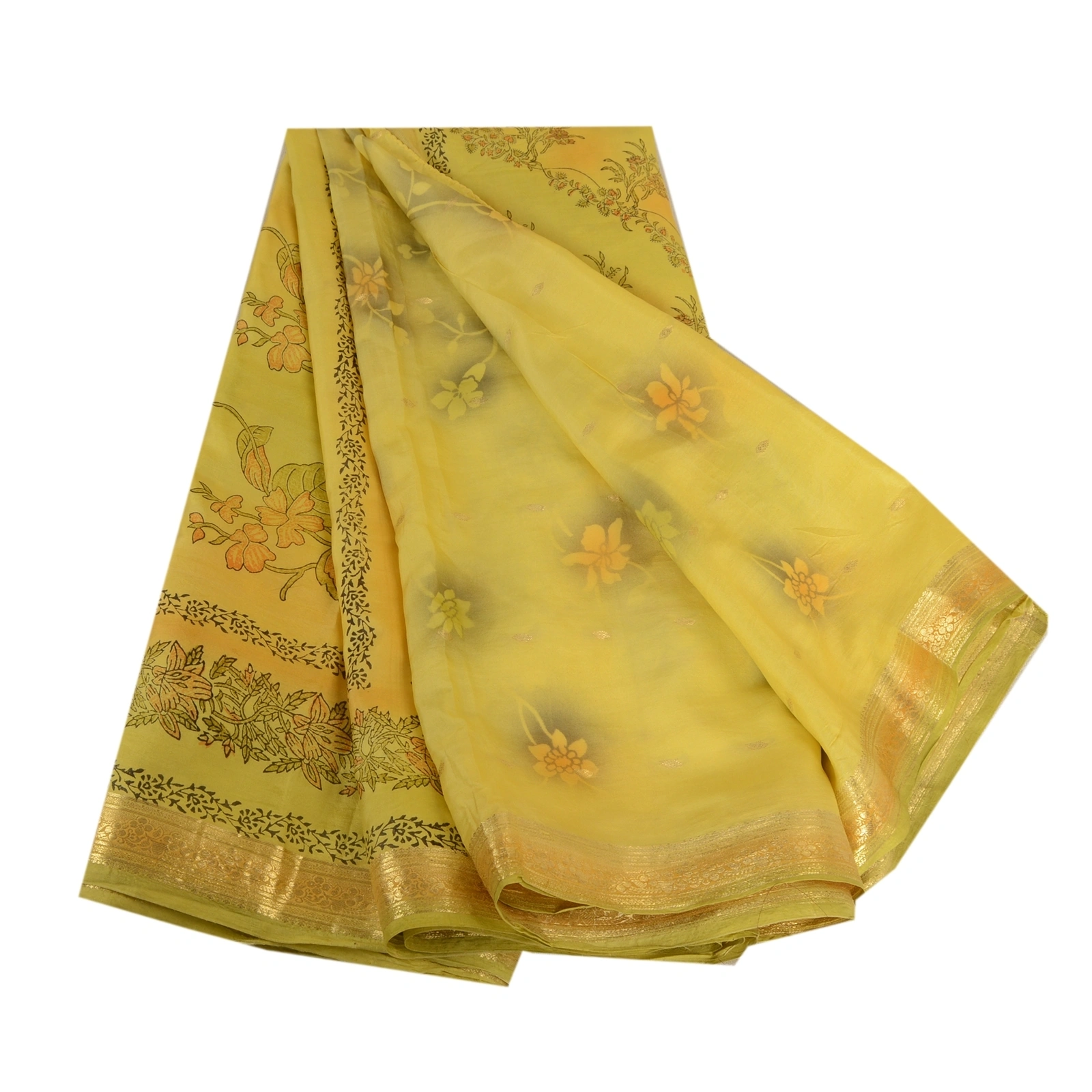 Sanskriti Vintage Sarees Yellow Zari Border Printed Pure Silk Sari Craft Fabric, PR-63686-Yellow-Pure Silk-6