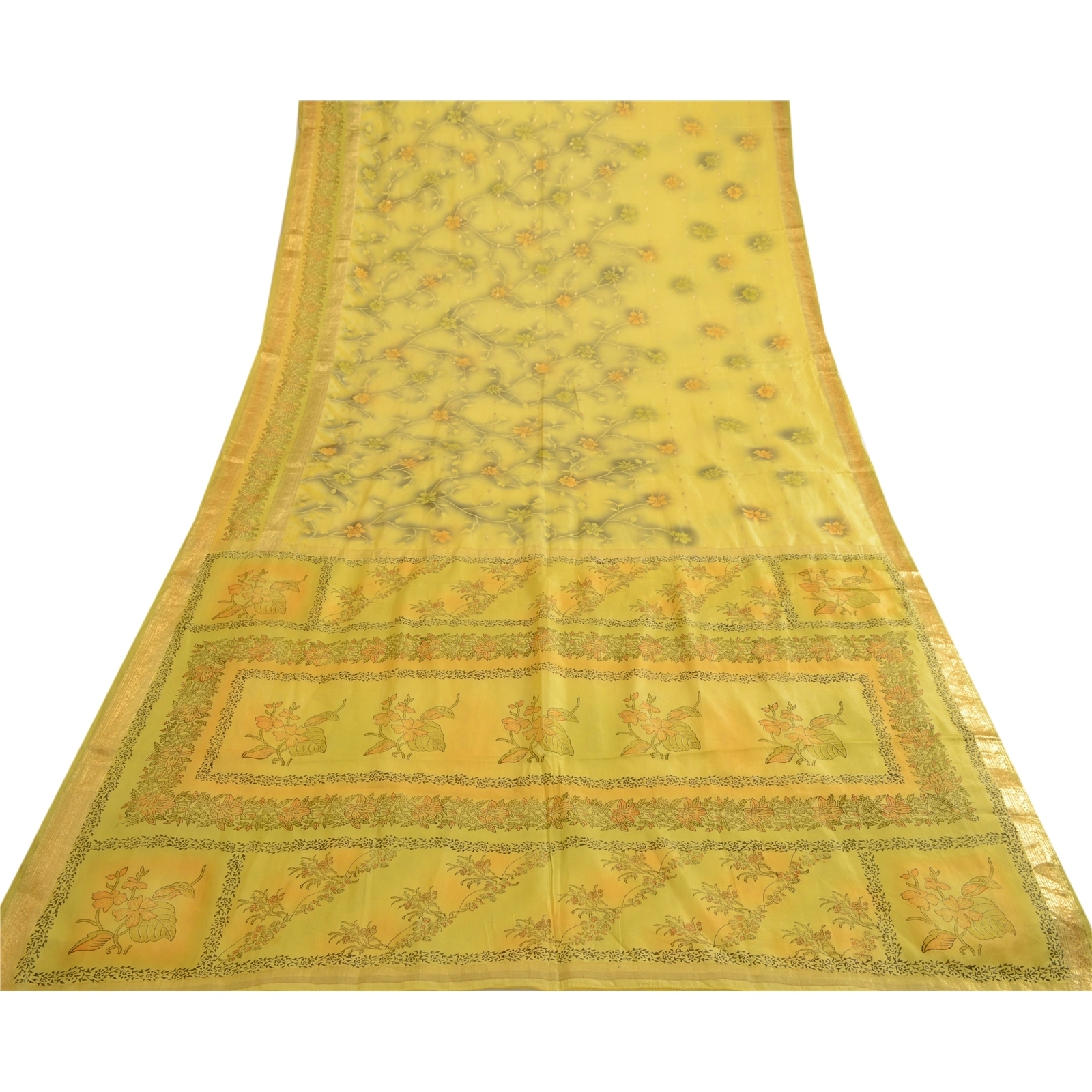 Sanskriti Vintage Sarees Yellow Zari Border Printed Pure Silk Sari Craft Fabric, PR-63686-Yellow-Pure Silk-7