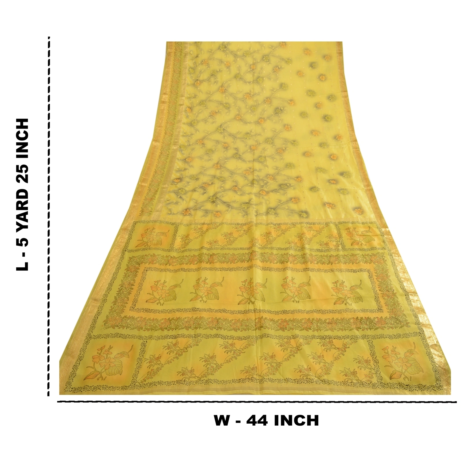 Sanskriti Vintage Sarees Yellow Zari Border Printed Pure Silk Sari Craft Fabric, PR-63686-Yellow-Pure Silk-8