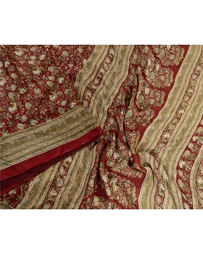 Sanskriti Vintage Sarees Indian Dark Red Pure Silk Printed Sari 5Yd Craft Fabric, PR-63687-Dark Red-Pure Silk-1