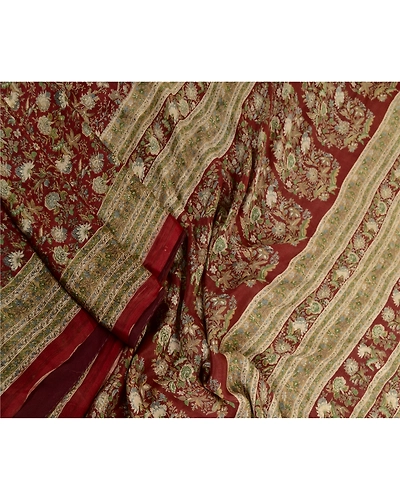Sanskriti Vintage Sarees Indian Dark Red Pure Silk Printed Sari 5Yd Craft Fabric, PR-63687-Dark Red-Pure Silk-2