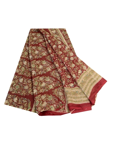 Sanskriti Vintage Sarees Indian Dark Red Pure Silk Printed Sari 5Yd Craft Fabric, PR-63687-Dark Red-Pure Silk-6