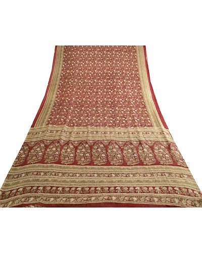 Sanskriti Vintage Sarees Indian Dark Red Pure Silk Printed Sari 5Yd Craft Fabric, PR-63687-Dark Red-Pure Silk-7