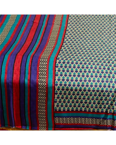 Sanskriti Vintage Sarees From India Blue Printed Pure Silk Sari 5Yd Craft Fabric, PR-63710-Blue-Pure Silk-4