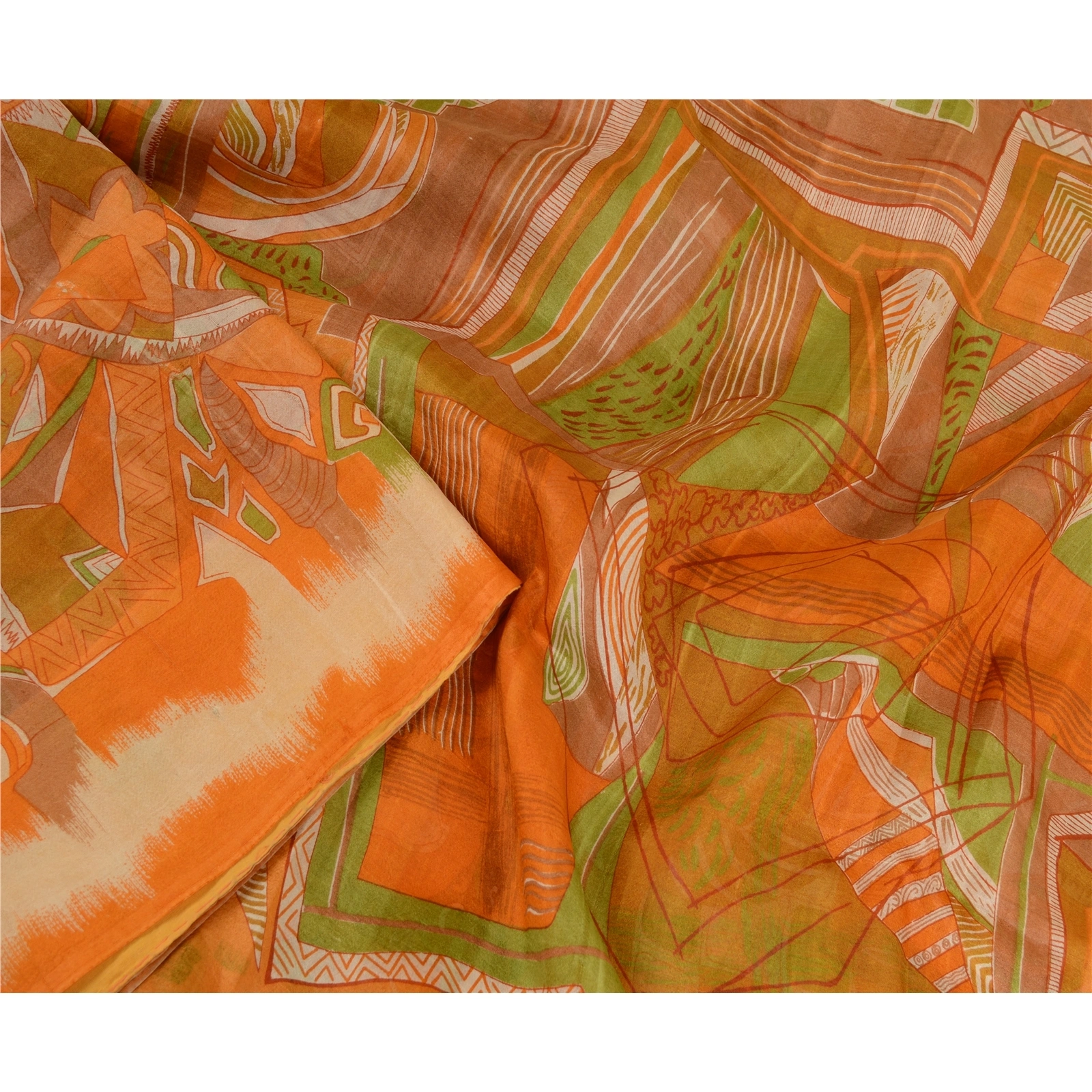 Sanskriti Vintage Sarees Orange Indian Printed 100% Pure Silk Sari Craft Fabric, PR-63714-Orange-Pure Silk-2