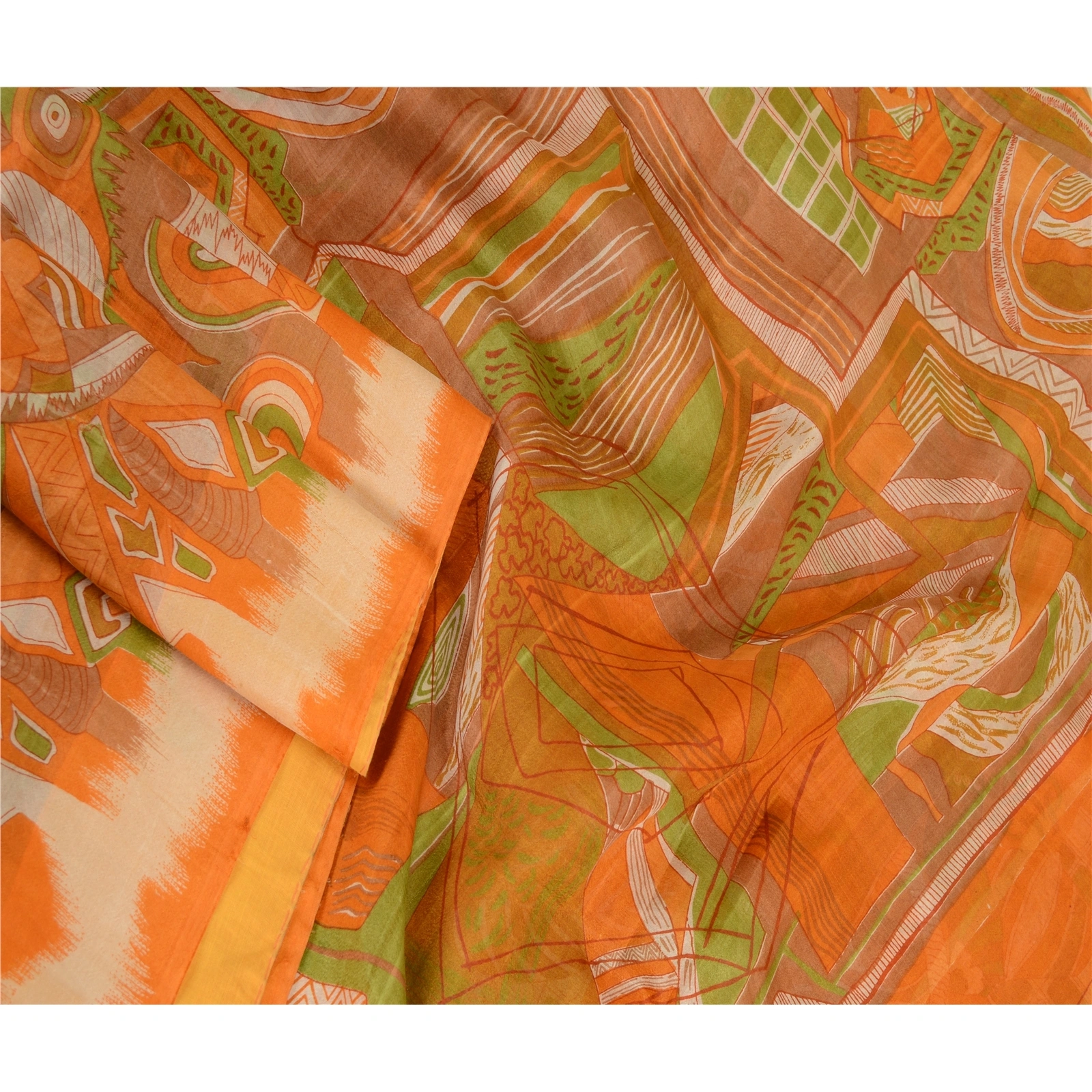 Sanskriti Vintage Sarees Orange Indian Printed 100% Pure Silk Sari Craft Fabric, PR-63714-Orange-Pure Silk-3