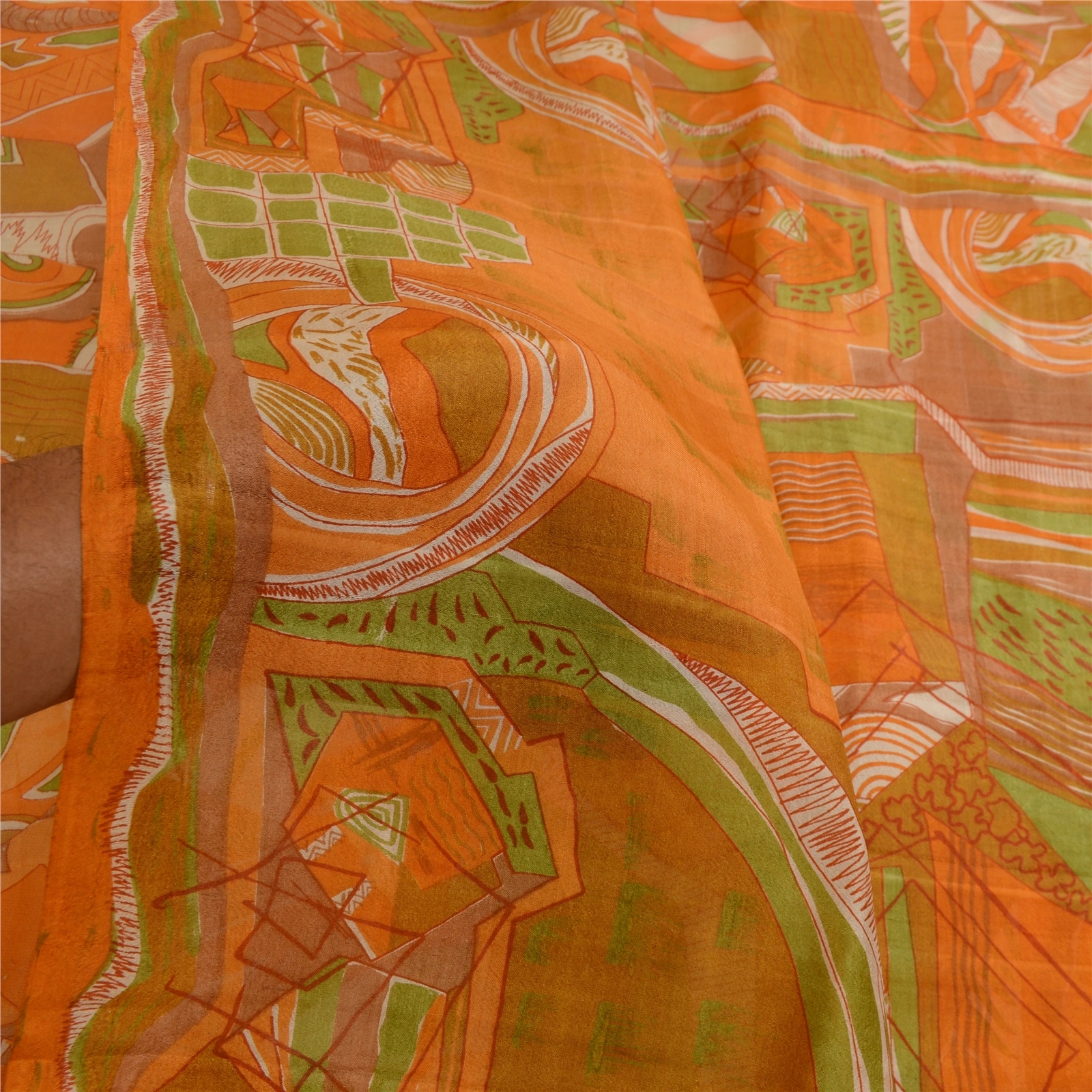 Sanskriti Vintage Sarees Orange Indian Printed 100% Pure Silk Sari Craft Fabric, PR-63714-Orange-Pure Silk-4