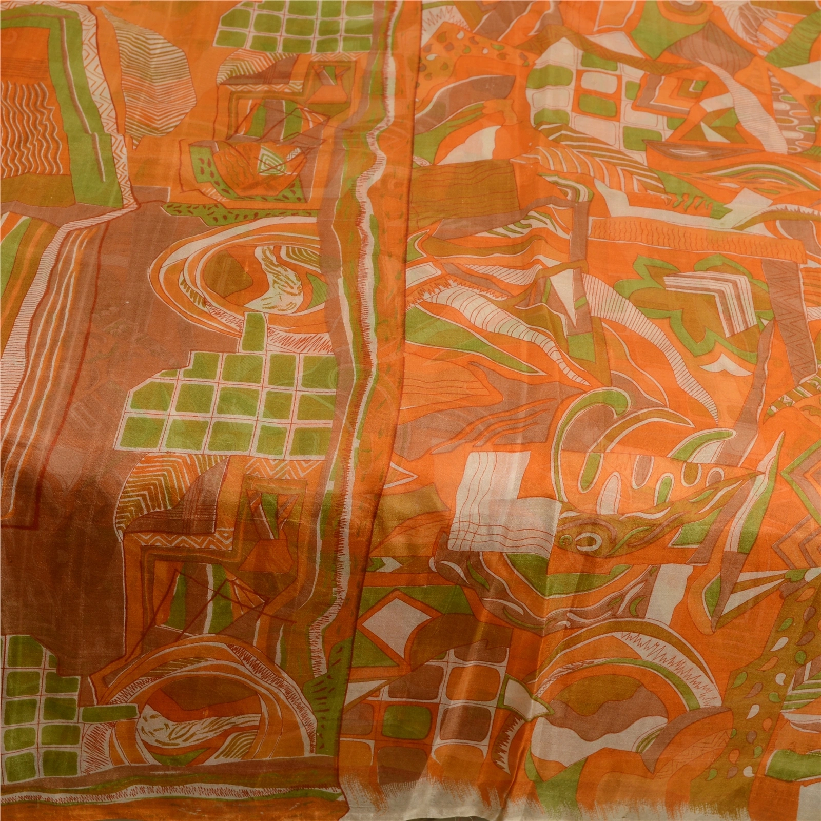 Sanskriti Vintage Sarees Orange Indian Printed 100% Pure Silk Sari Craft Fabric, PR-63714-Orange-Pure Silk-6