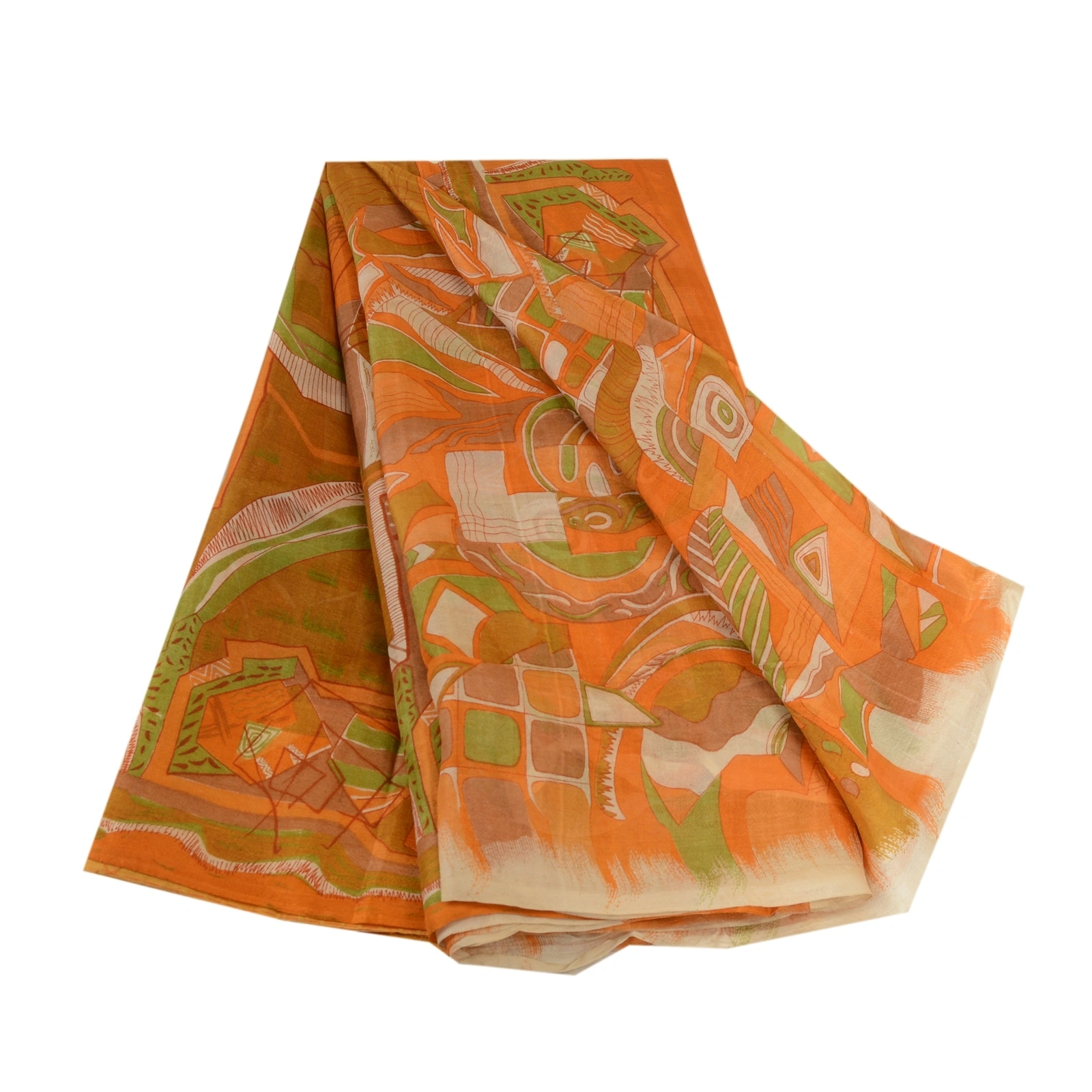 Sanskriti Vintage Sarees Orange Indian Printed 100% Pure Silk Sari Craft Fabric, PR-63714-Orange-Pure Silk-7