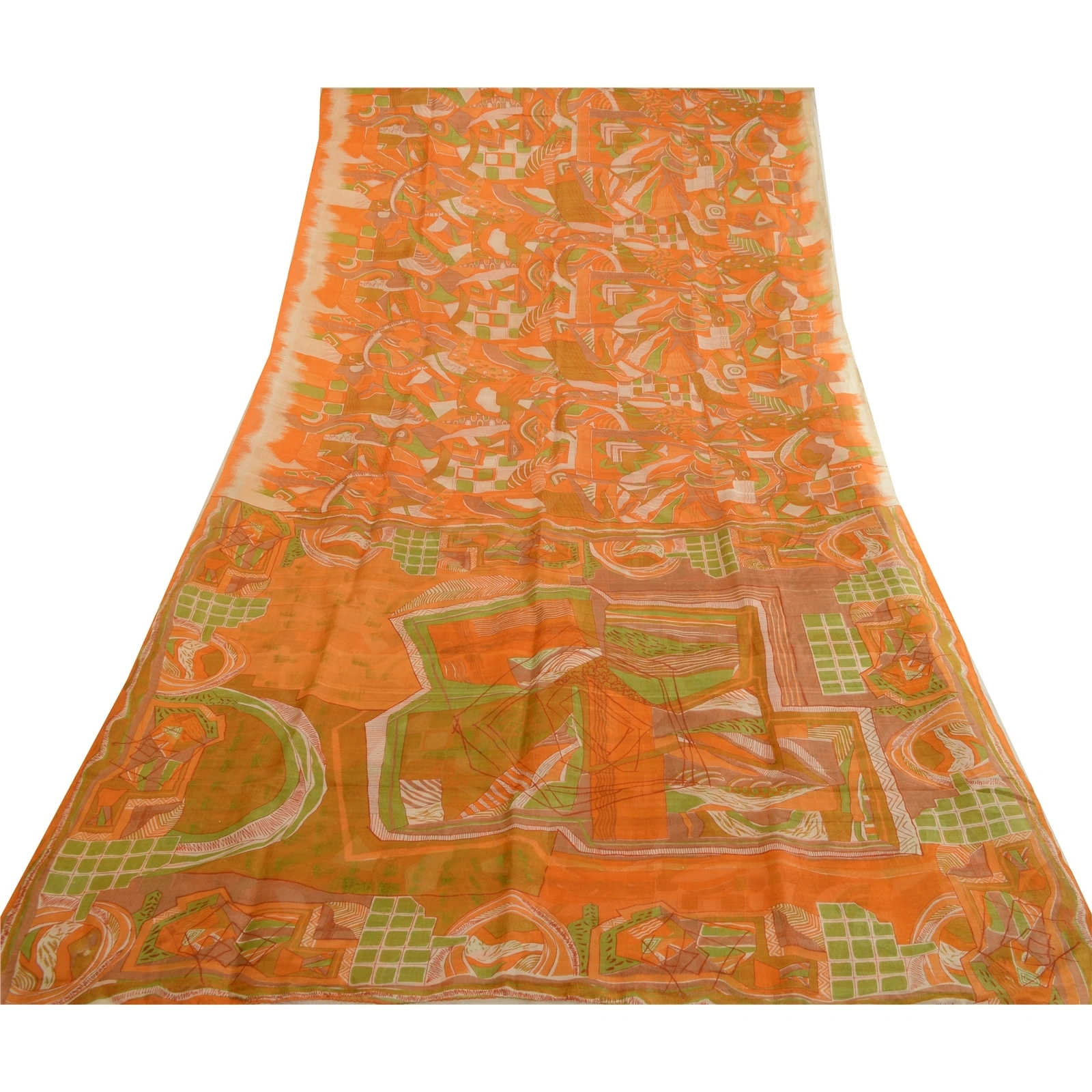 Sanskriti Vintage Sarees Orange Indian Printed 100% Pure Silk Sari Craft Fabric, PR-63714-Orange-Pure Silk-8