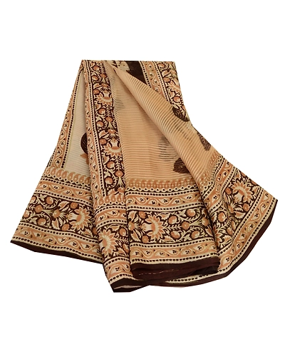 Sanskriti Vintage Sarees Brown From India Printed Pure Silk Sari Craft Fabric, PR-63715-Brown-Pure Silk-6