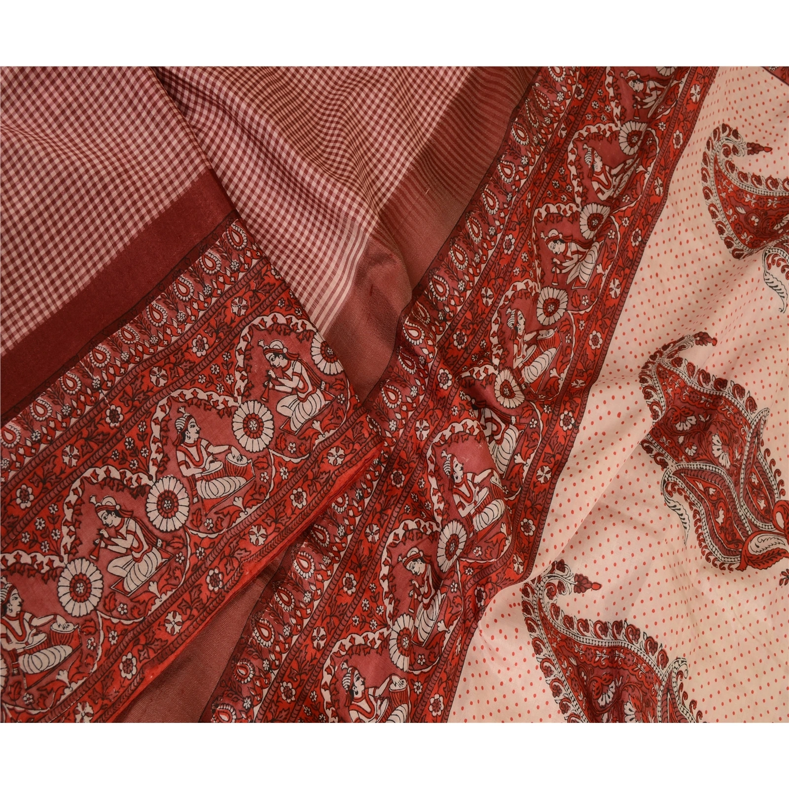 Sanskriti Vintage Sarees Dark Red Human Printed Pure Silk Sari Soft Craft Fabric, PR-63718-Dark Red-Pure Silk-2