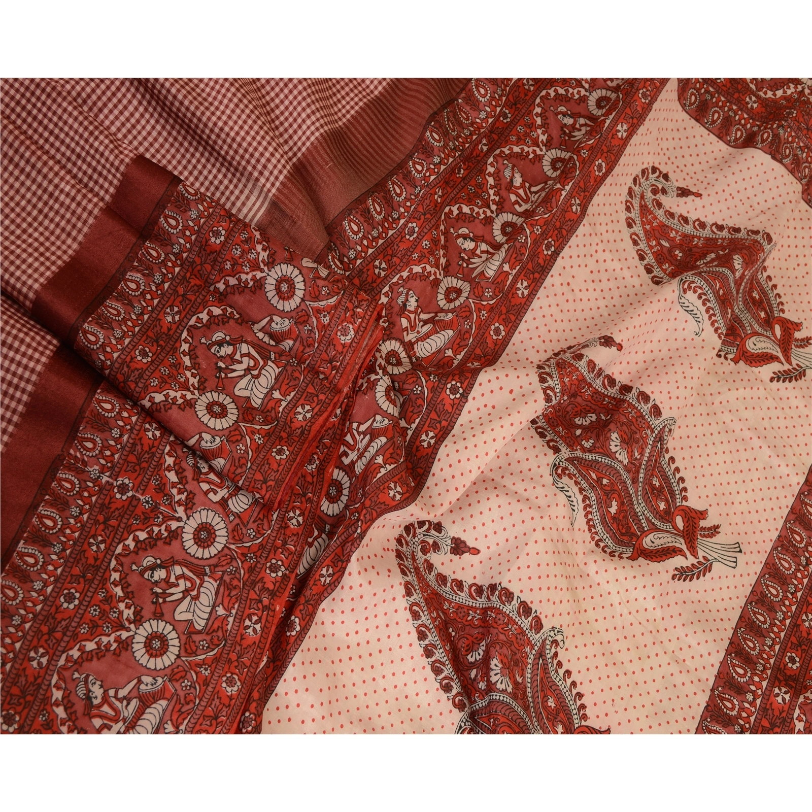 Sanskriti Vintage Sarees Dark Red Human Printed Pure Silk Sari Soft Craft Fabric, PR-63718-Dark Red-Pure Silk-3