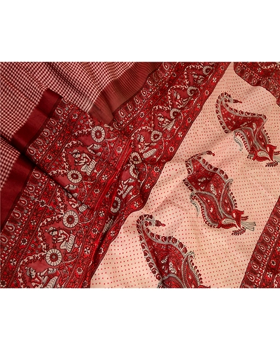 Sanskriti Vintage Sarees Dark Red Human Printed Pure Silk Sari Soft Craft Fabric, PR-63718-Dark Red-Pure Silk-3