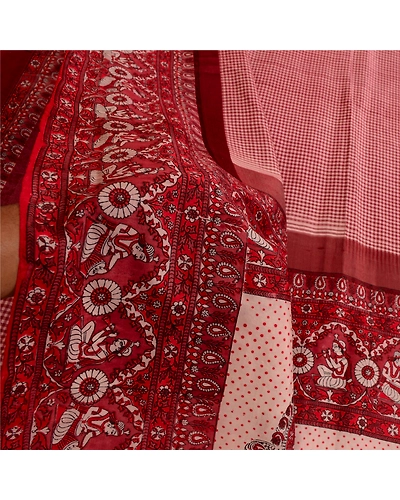 Sanskriti Vintage Sarees Dark Red Human Printed Pure Silk Sari Soft Craft Fabric, PR-63718-Dark Red-Pure Silk-6