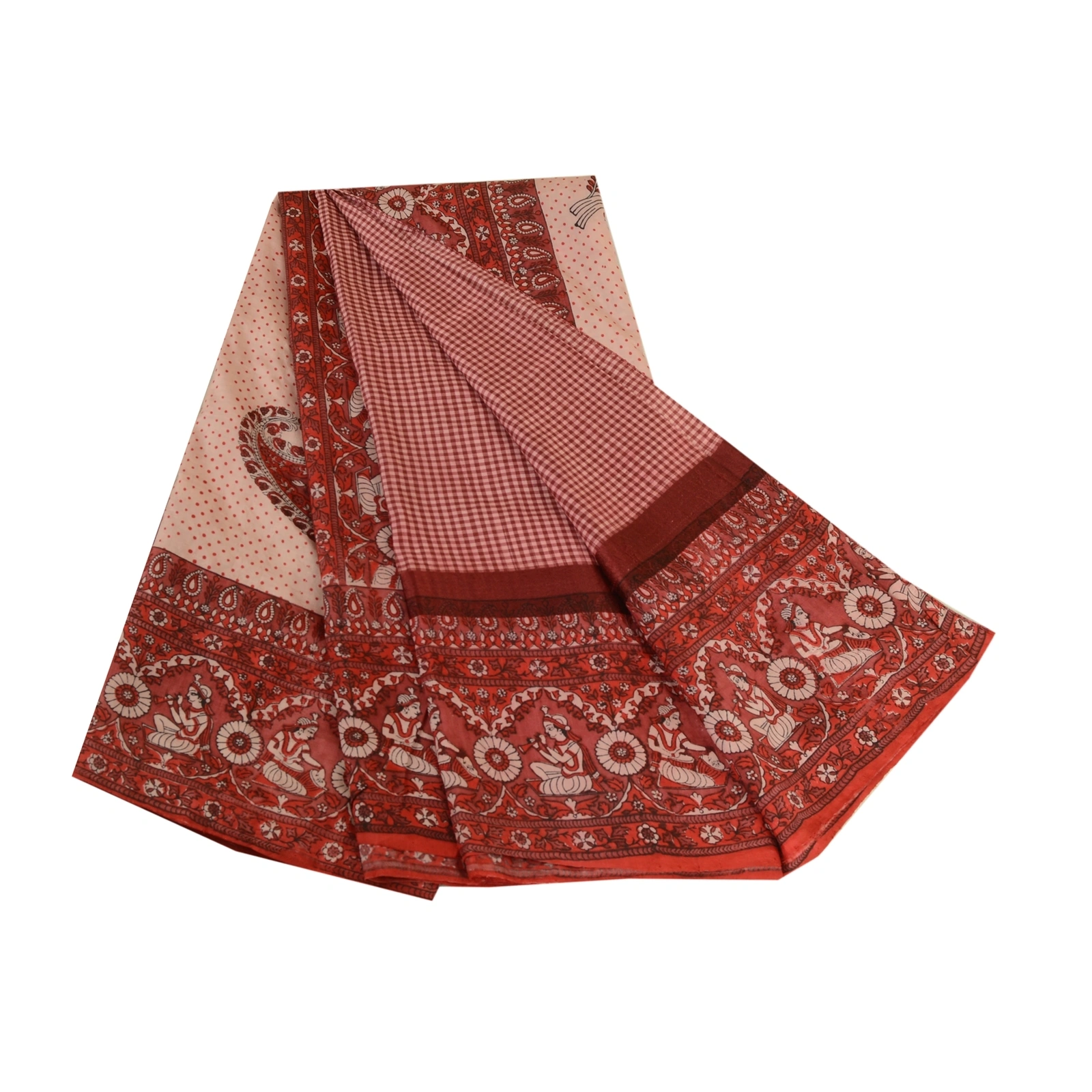 Sanskriti Vintage Sarees Dark Red Human Printed Pure Silk Sari Soft Craft Fabric, PR-63718-Dark Red-Pure Silk-8