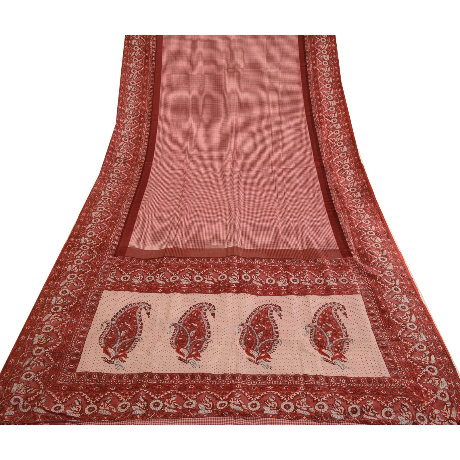 Sanskriti Vintage Sarees Dark Red Human Printed Pure Silk Sari Soft Craft Fabric, PR-63718-Dark Red-Pure Silk-9