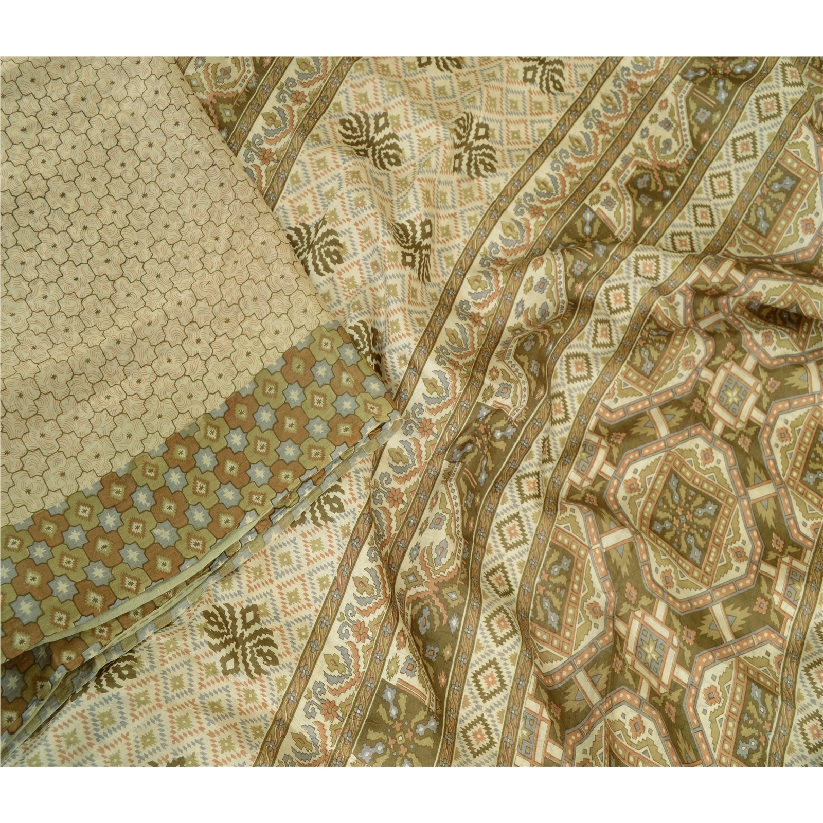 Sanskriti Vintage Sarees Ivory Indian Pure Silk Printed Sari Floral Craft Fabric, PR-63745-Ivory-Pure Silk-1