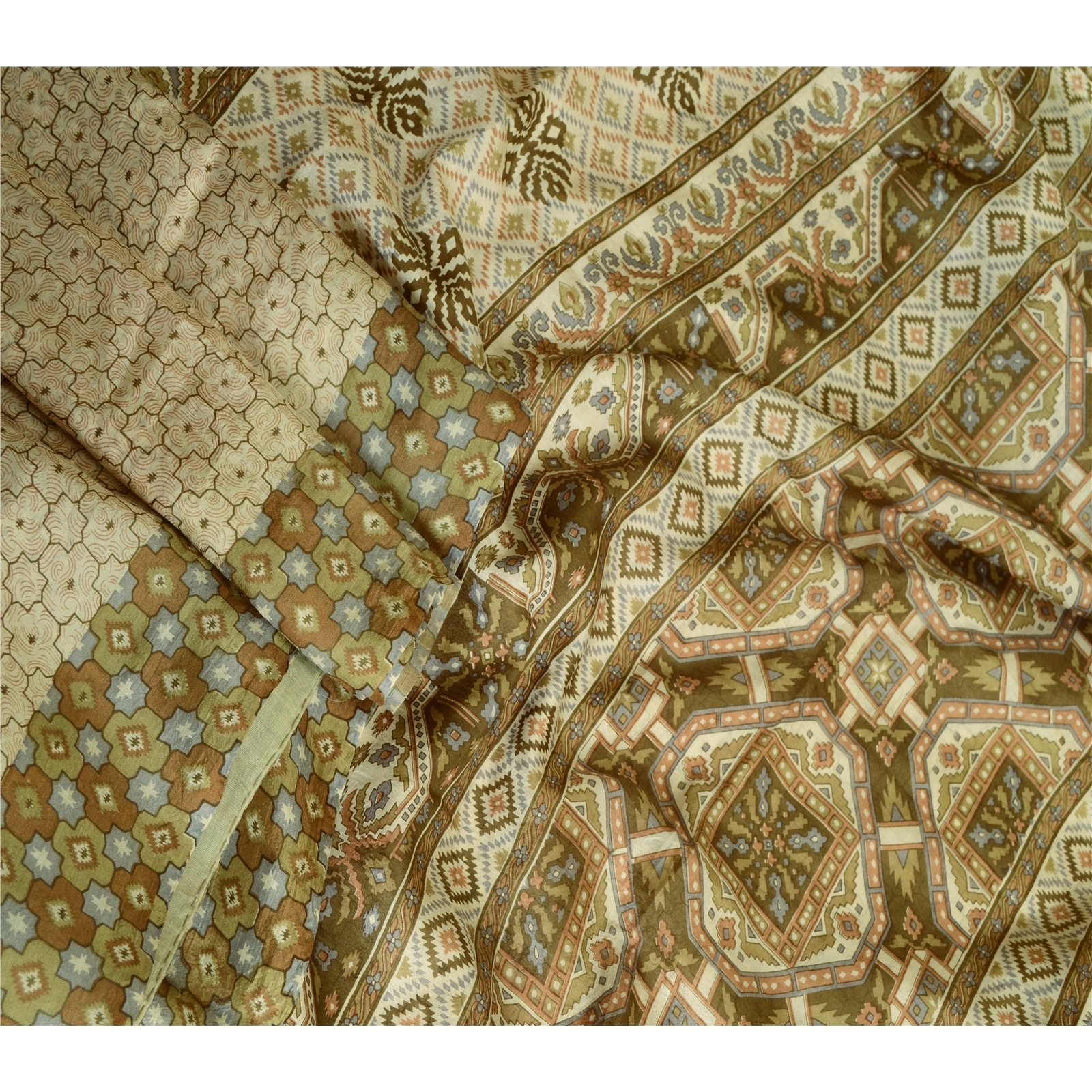 Sanskriti Vintage Sarees Ivory Indian Pure Silk Printed Sari Floral Craft Fabric, PR-63745-Ivory-Pure Silk-2