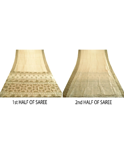 Sanskriti Vintage Sarees Ivory Indian Pure Silk Printed Sari Floral Craft Fabric, PR-63745-Ivory-Pure Silk-4