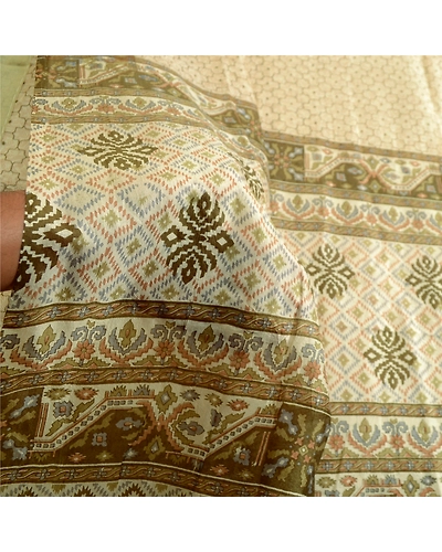 Sanskriti Vintage Sarees Ivory Indian Pure Silk Printed Sari Floral Craft Fabric, PR-63745-Ivory-Pure Silk-5