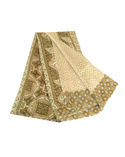 Sanskriti Vintage Sarees Ivory Indian Pure Silk Printed Sari Floral Craft Fabric, PR-63745-Ivory-Pure Silk-6