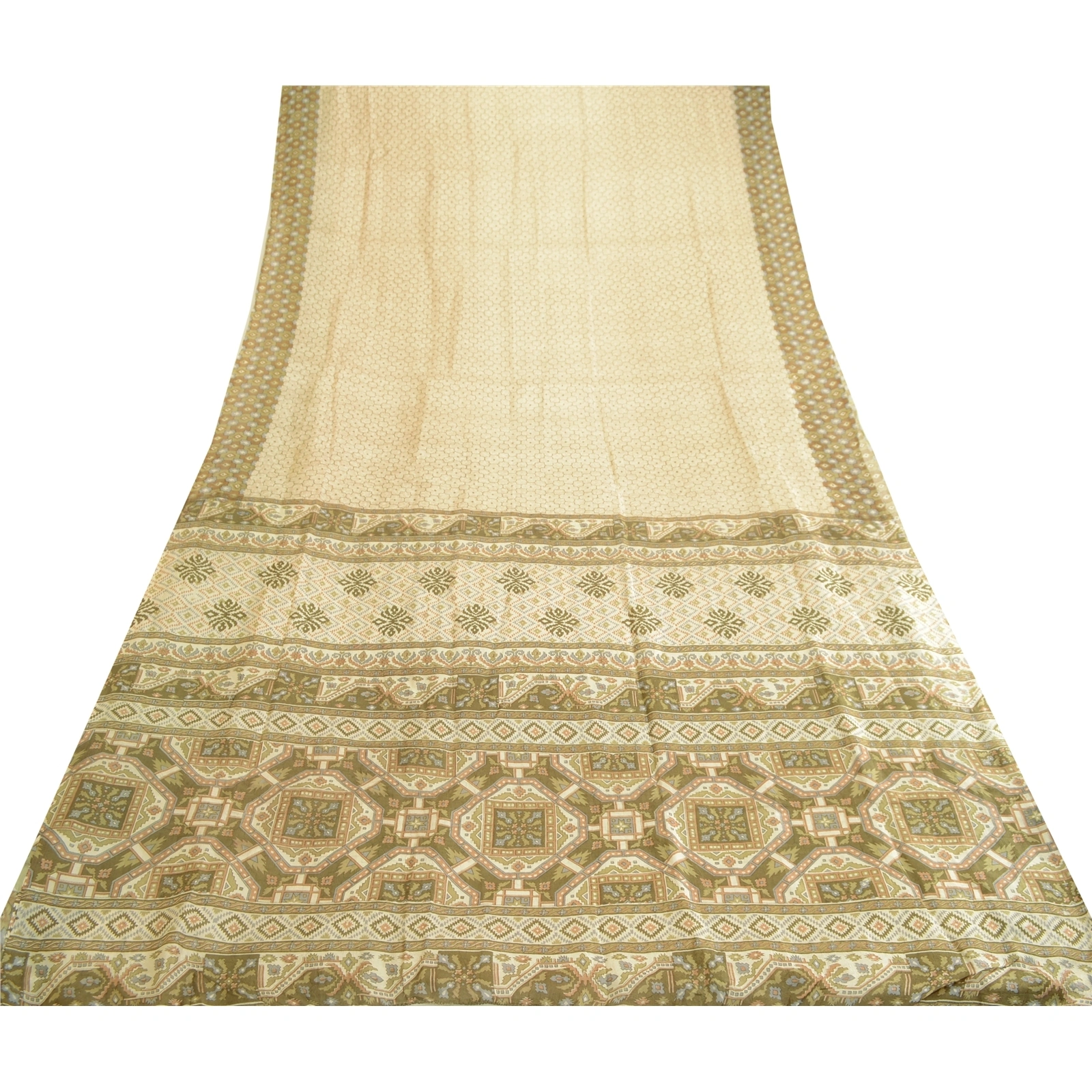 Sanskriti Vintage Sarees Ivory Indian Pure Silk Printed Sari Floral Craft Fabric, PR-63745-Ivory-Pure Silk-7