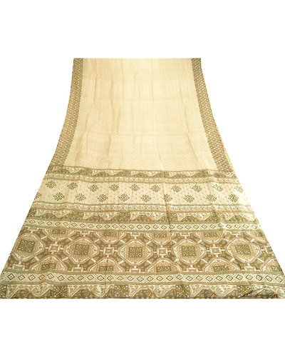 Sanskriti Vintage Sarees Ivory Indian Pure Silk Printed Sari Floral Craft Fabric, PR-63745-Ivory-Pure Silk-7