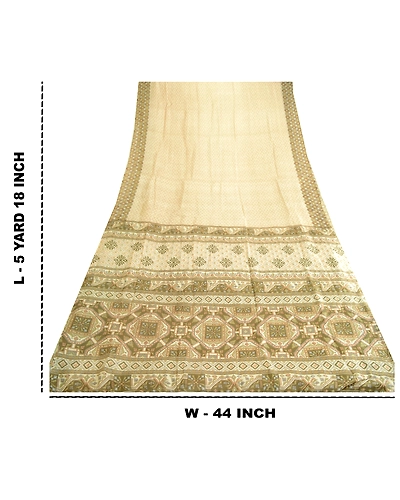 Sanskriti Vintage Sarees Ivory Indian Pure Silk Printed Sari Floral Craft Fabric, PR-63745-Ivory-Pure Silk-8