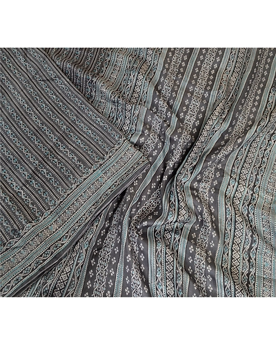 Sanskriti Vintage Sarees Block Printed Gray Pure Silk Sari 5Yd Soft Craft Fabric, PR-63753-Gray-Pure Silk-1