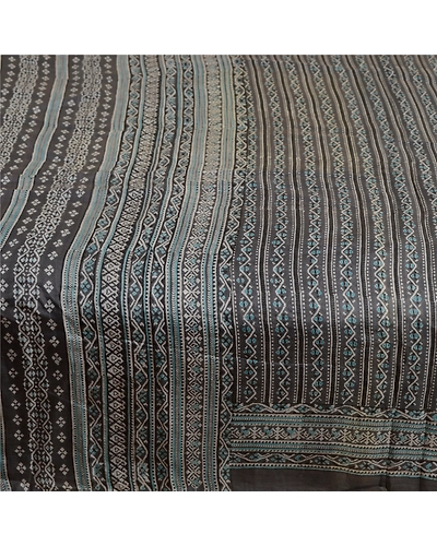 Sanskriti Vintage Sarees Block Printed Gray Pure Silk Sari 5Yd Soft Craft Fabric, PR-63753-Gray-Pure Silk-3