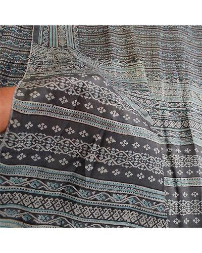 Sanskriti Vintage Sarees Block Printed Gray Pure Silk Sari 5Yd Soft Craft Fabric, PR-63753-Gray-Pure Silk-5