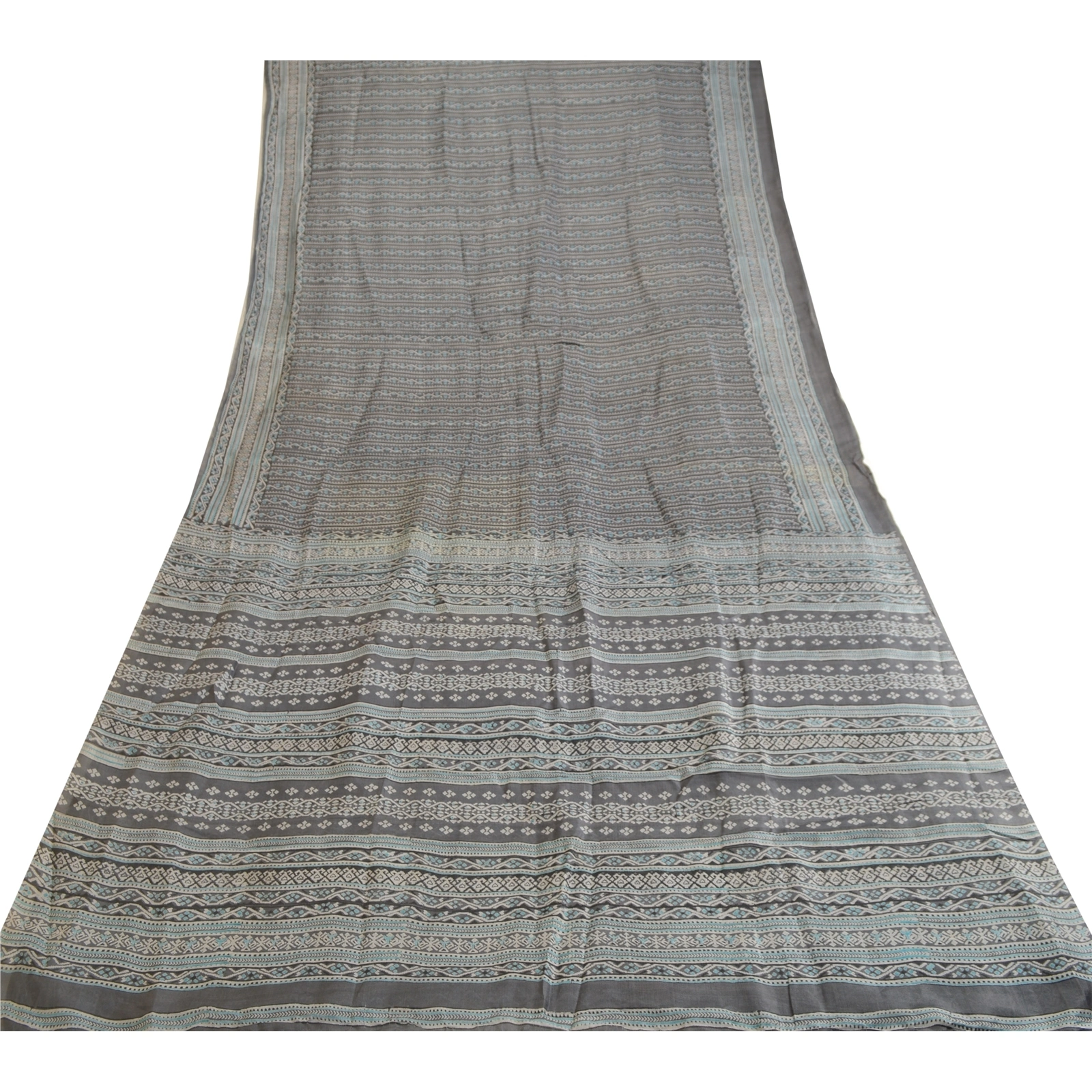 Sanskriti Vintage Sarees Block Printed Gray Pure Silk Sari 5Yd Soft Craft Fabric, PR-63753-Gray-Pure Silk-7