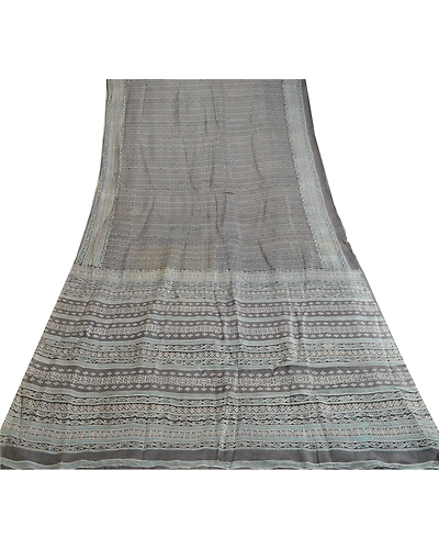 Sanskriti Vintage Sarees Block Printed Gray Pure Silk Sari 5Yd Soft Craft Fabric, PR-63753-Gray-Pure Silk-7