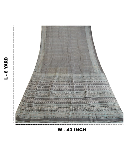 Sanskriti Vintage Sarees Block Printed Gray Pure Silk Sari 5Yd Soft Craft Fabric, PR-63753-Gray-Pure Silk-8