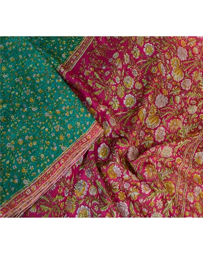 Sanskriti Vintage Sarees Indian Green Printed Pure Silk Sari 5Yd Craft Fabric, PR-63757-Green-Pure Silk-1