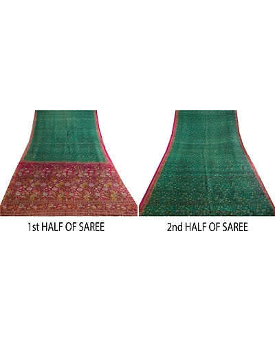 Sanskriti Vintage Sarees Indian Green Printed Pure Silk Sari 5Yd Craft Fabric, PR-63757-Green-Pure Silk-4