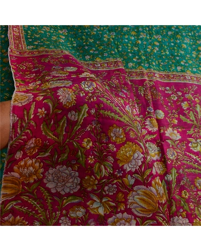 Sanskriti Vintage Sarees Indian Green Printed Pure Silk Sari 5Yd Craft Fabric, PR-63757-Green-Pure Silk-5